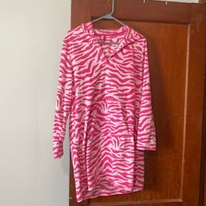 Night dress with pocket in front.  Polyester soft.  Hood in back.